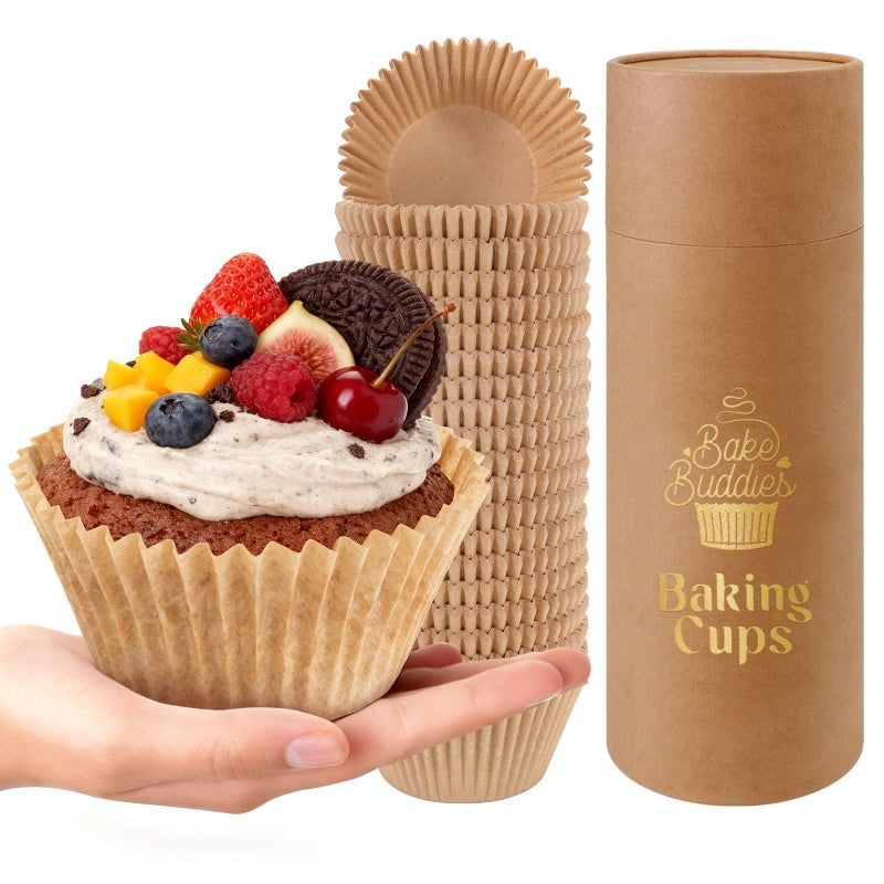 Bake Buddies Cupcake Liners for Baking â€“ Brown Jumbo Muffin Liners Dessert Cups, Thick Unbleached Parchment Paper Baking Supplies, Large Greaseproof Pan Liner Wrappers (200-Pack) - Image 1